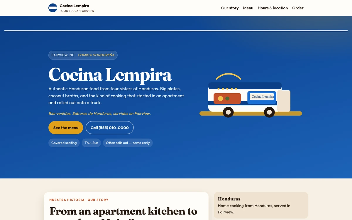 Homepage of the Cocina Lempira demo: a Honduran food truck homepage in blue and white with menu, hours and a call button.